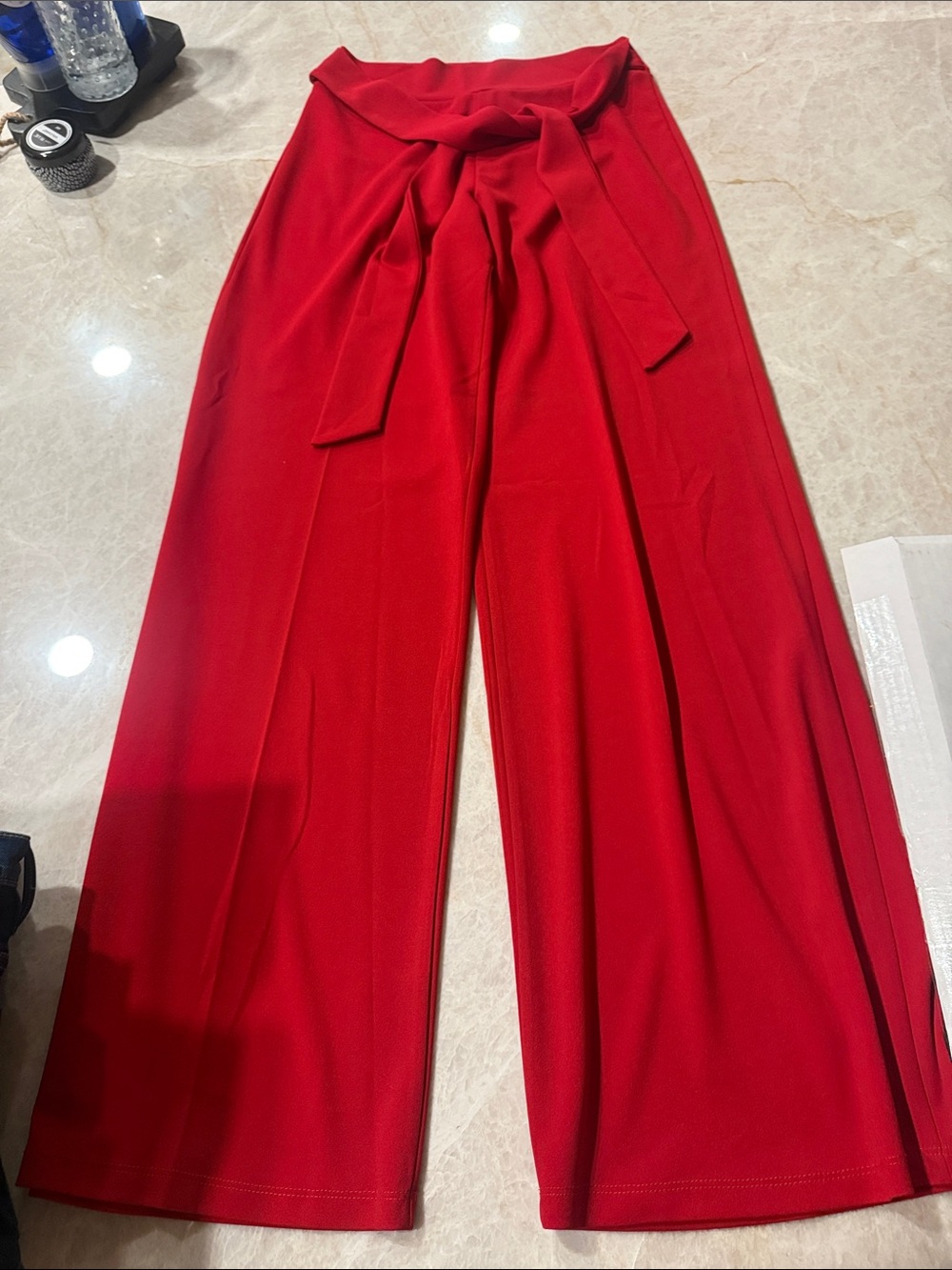 High-Rise Red Wide Leg Pants with Self-Tie Waist
